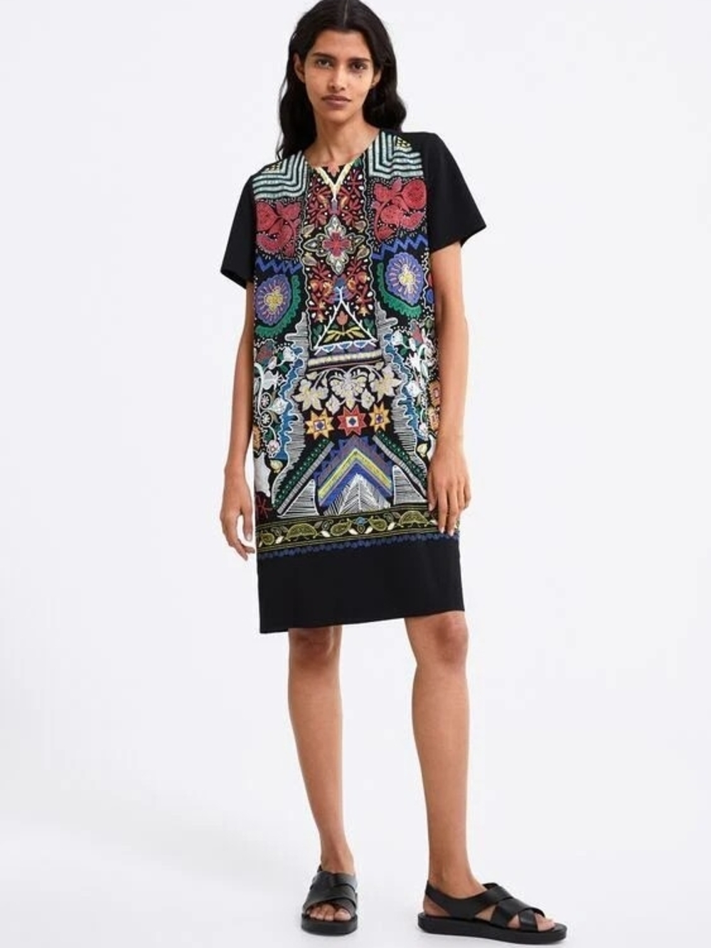 Zara Black Raised Textured Geometric Aztec Print Short Sleeve Tunic Dress